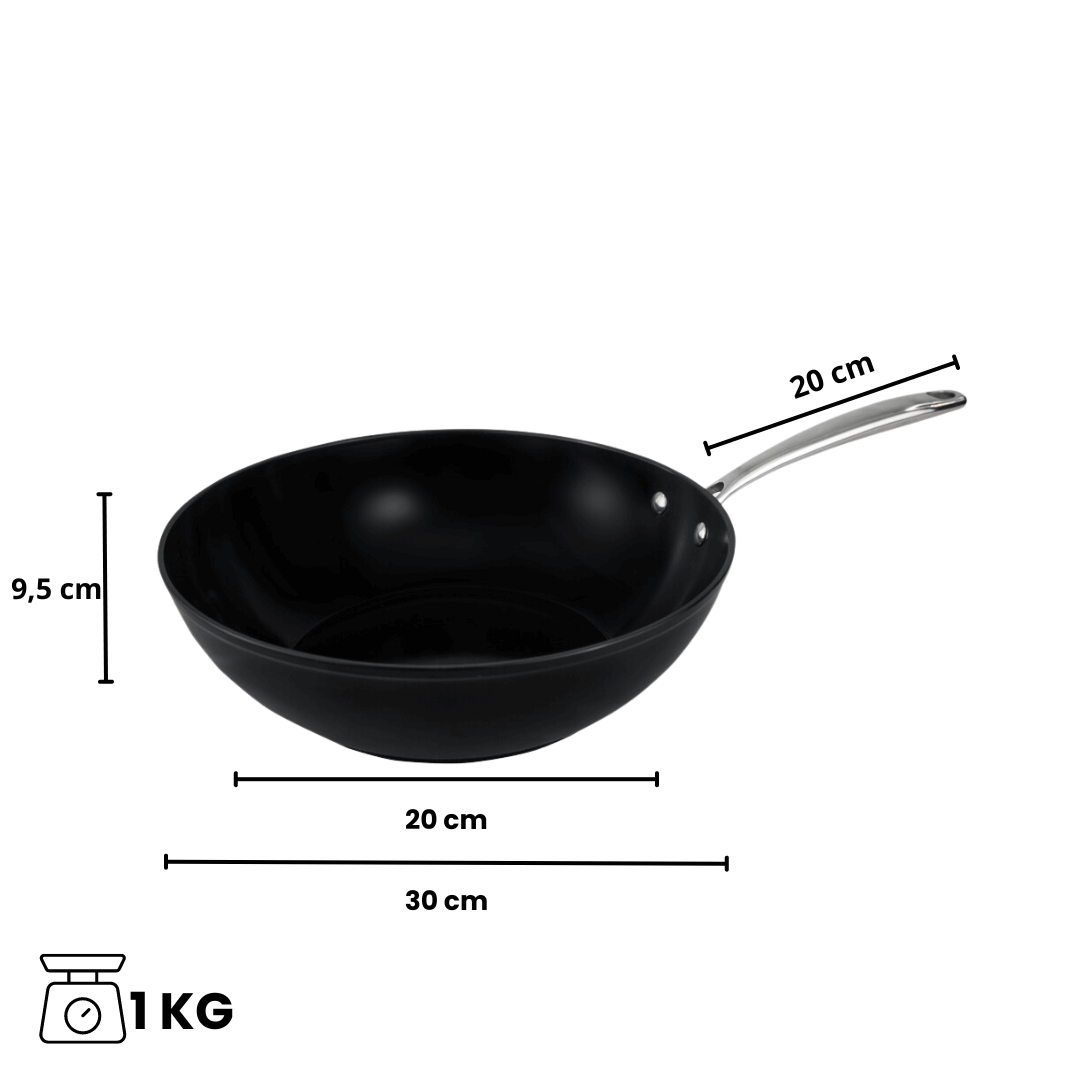 Afmetingen lichtgewicht zwarte wok van By CP